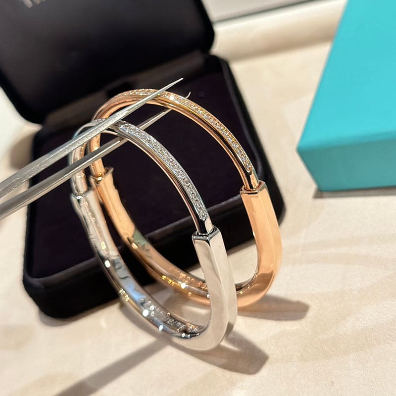 18K Tiffany Lock Bangle Half Pave Diamonds Bracelet