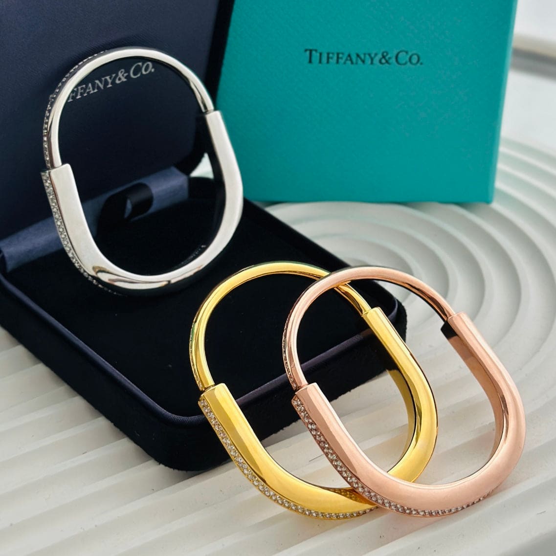 18K Tiffany Lock Bangle Full Pave Diamonds Bracelet