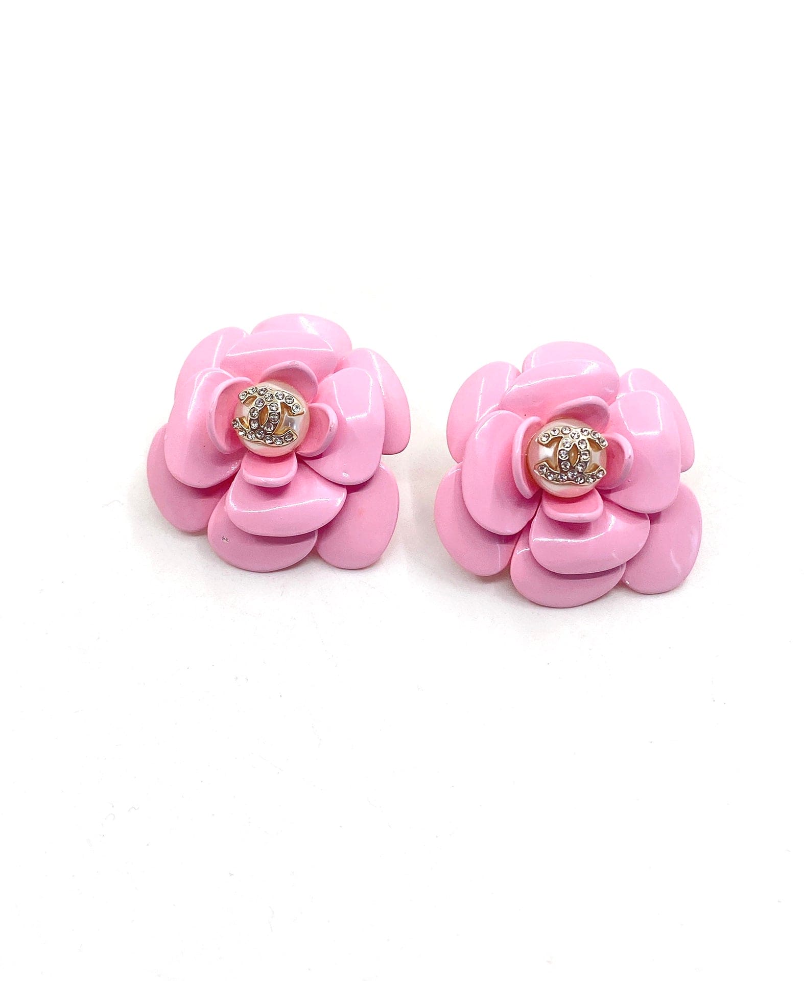 18K  Chanel Pink Camellia Resin Earrings