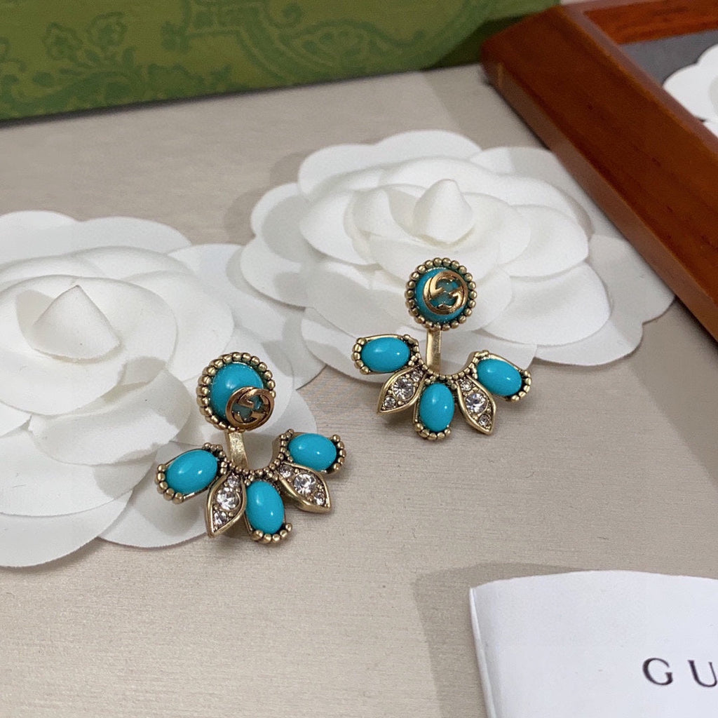 18K Double Gucci Blue Flowers Earrings