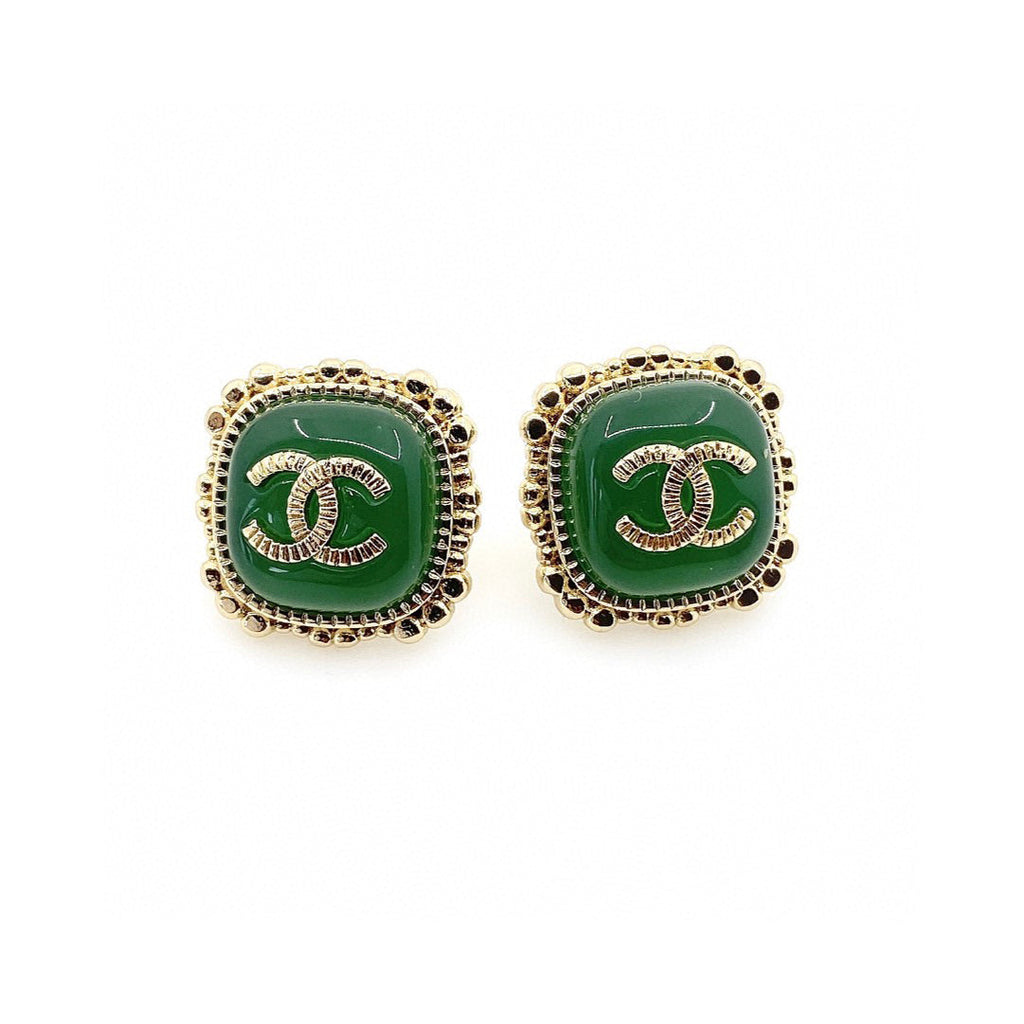 18K  Chanel Green Square Earrings