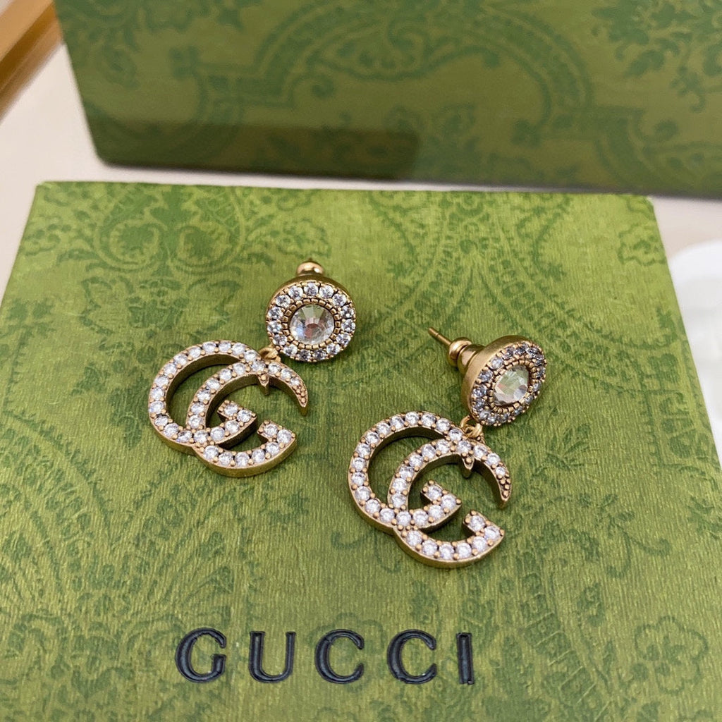 18K Double Gucci Crystal Pendant Earrings