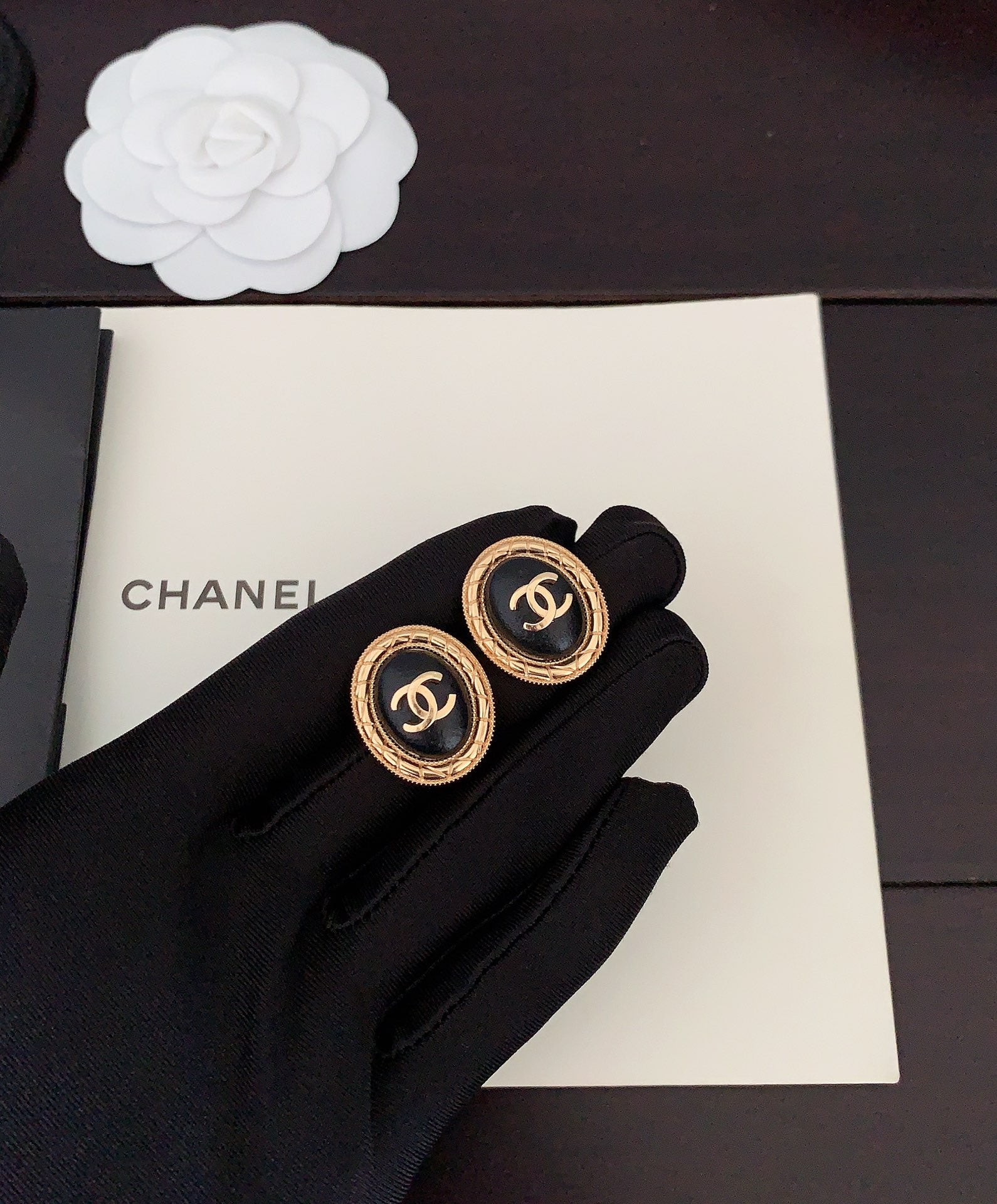 18K  Chanel Oval Leather Earrings