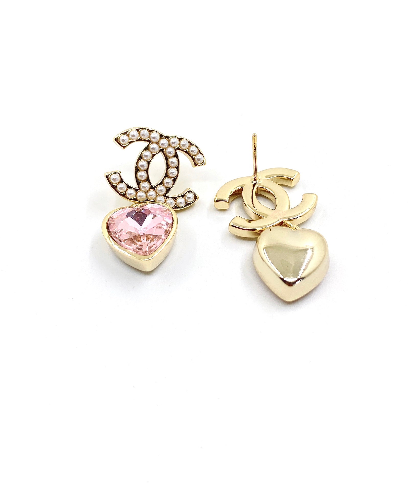 18K  Chanel Pink Heart Crystal Earrings