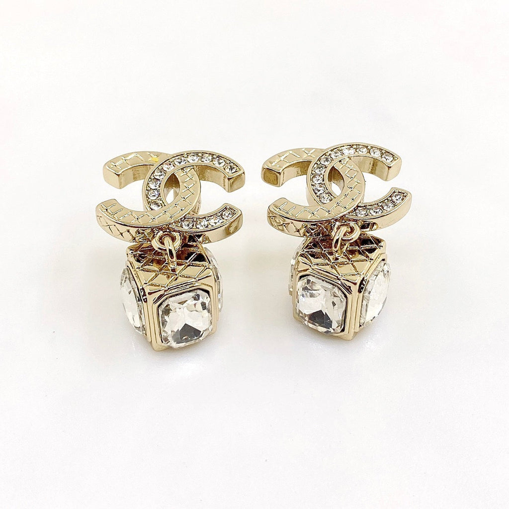 18K  Chanel Square Crystal Pendant Earrings