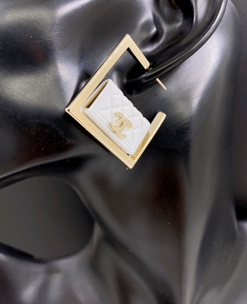 18K  Chanel White Bag Pendant Earrings