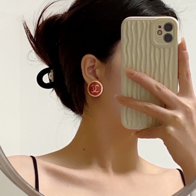18K  Chanel Red Round Earrings