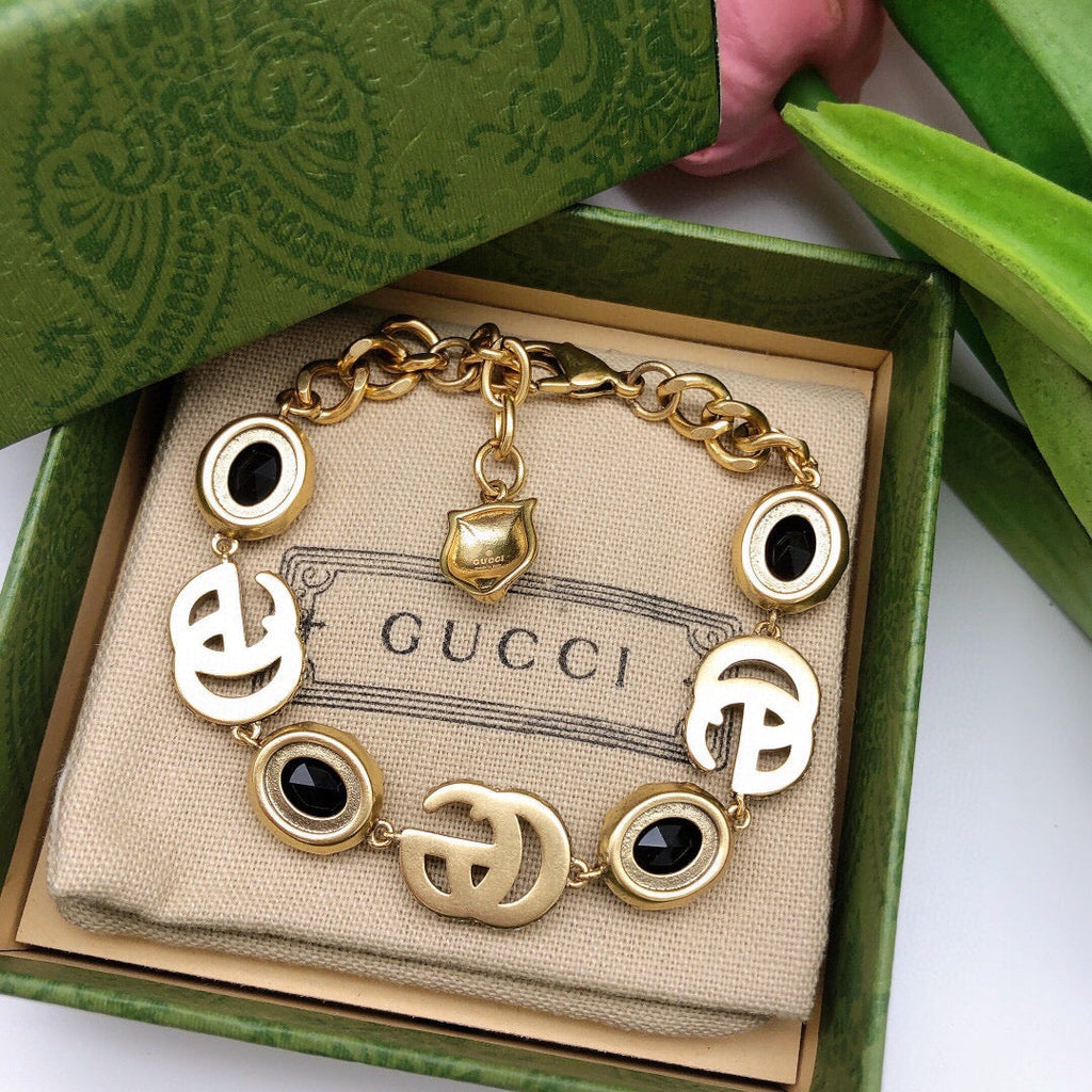 18K Double Gucci Black Stones Chain Bracelet