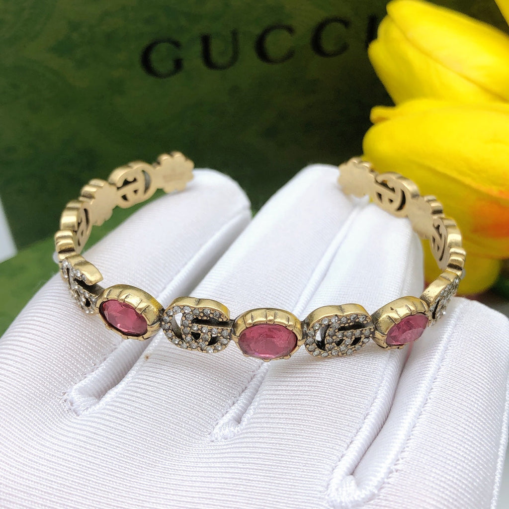18K Double Gucci Red Crystals Open Cuff Bracelet