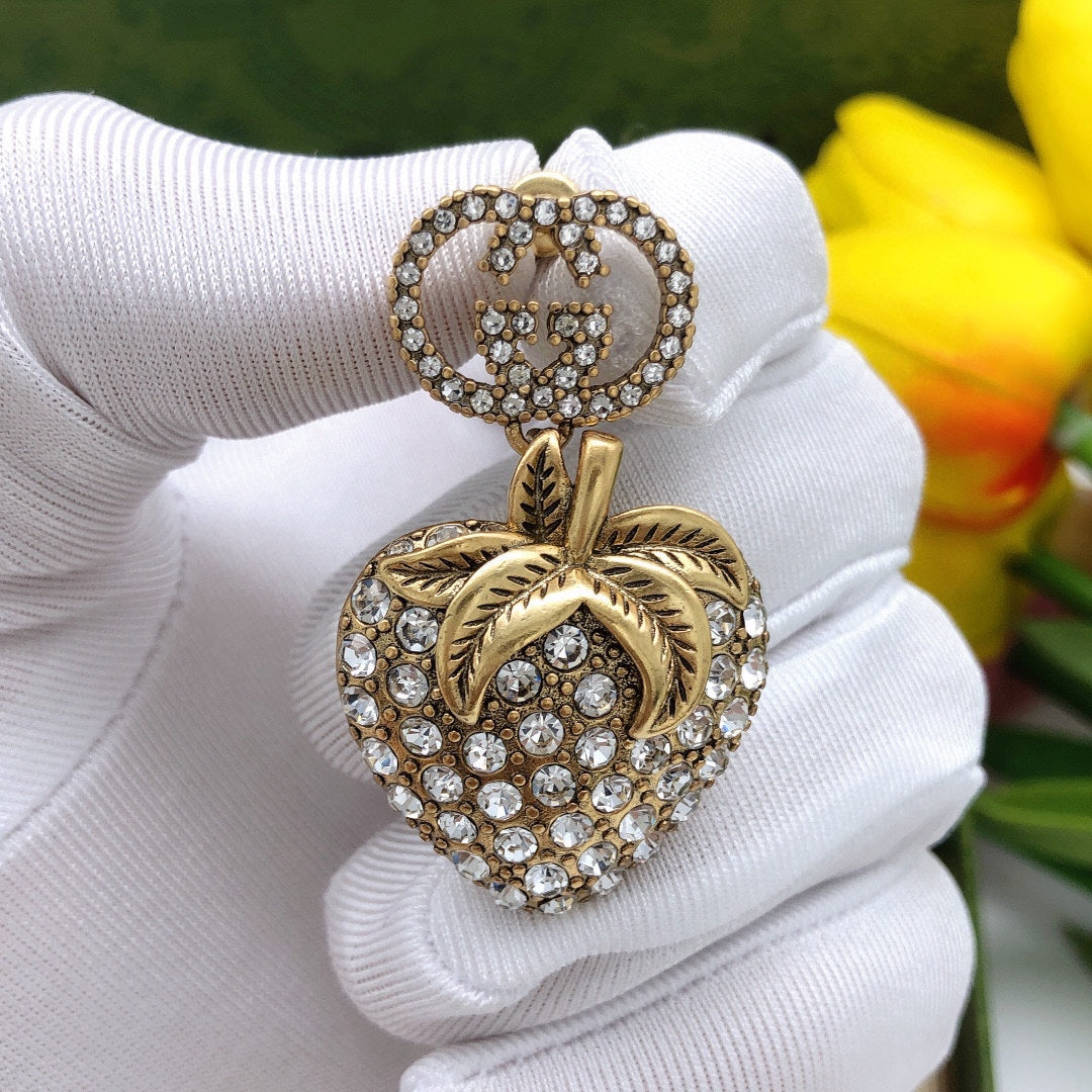 18K Double Gucci Crystal Strawberry Pendant Earrings