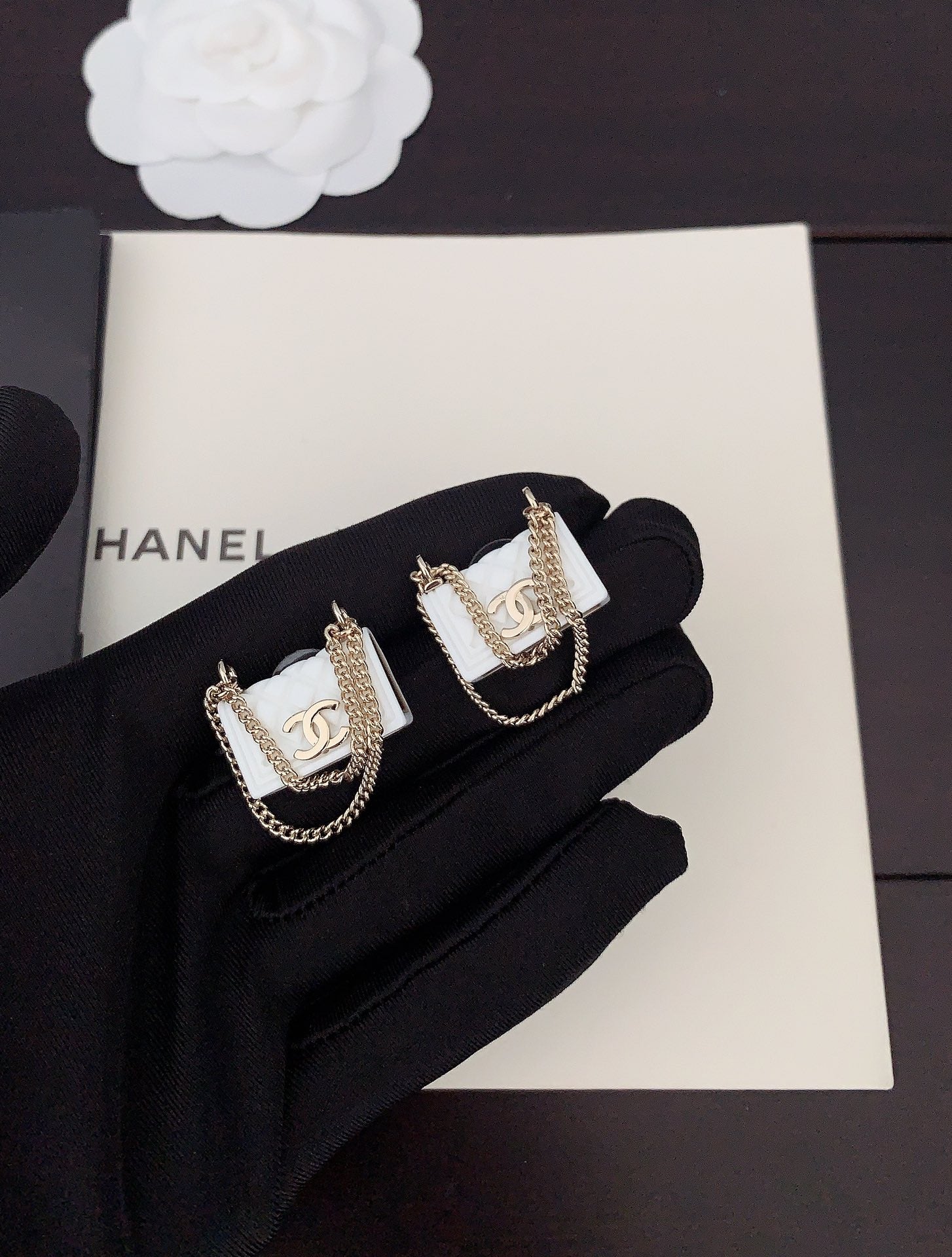 18K  Chanel White Bag Earrings
