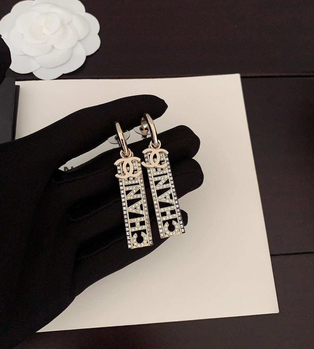 18K  Chanel Crystals Long Letter Earrings