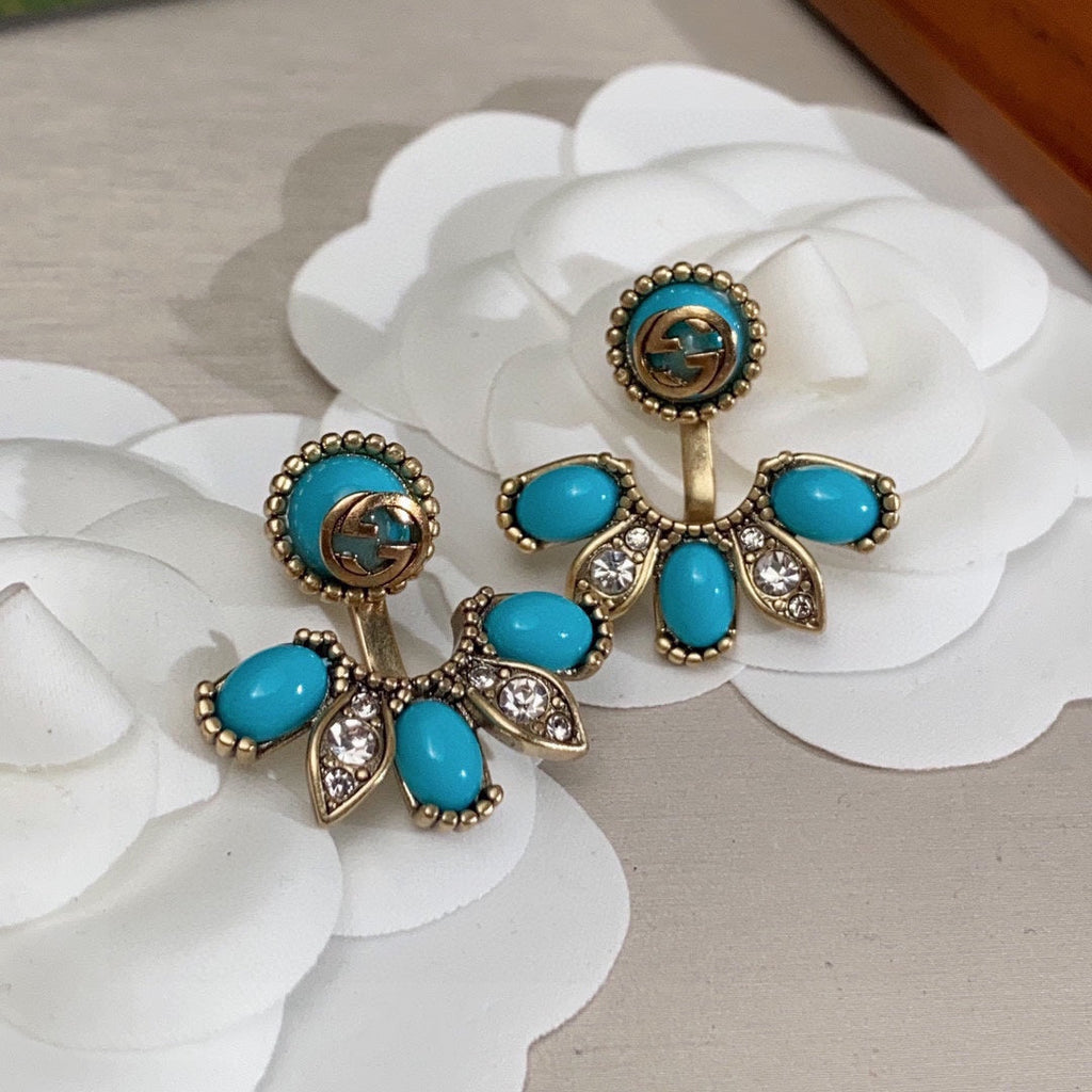 18K Double Gucci Blue Flowers Earrings