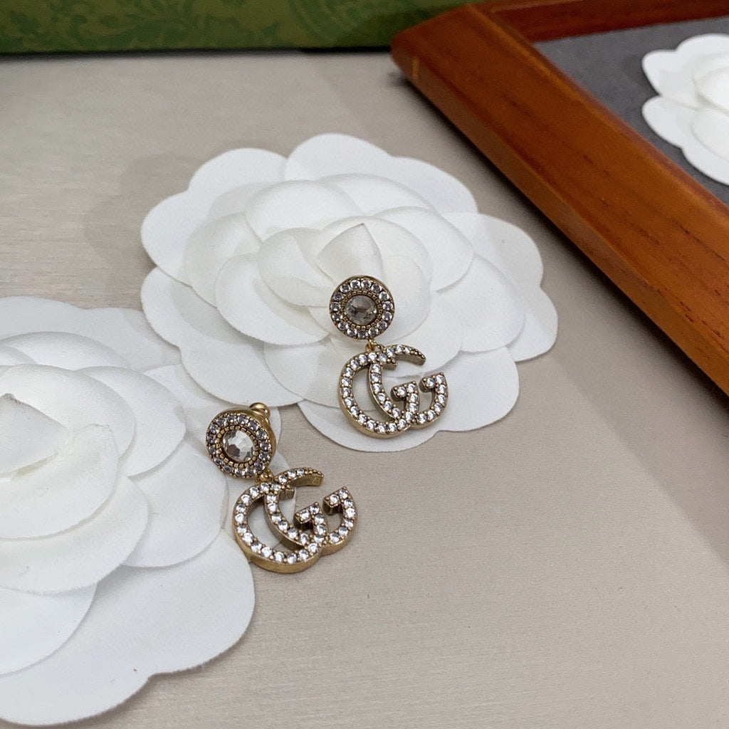 18K Double Gucci Crystal Pendant Earrings