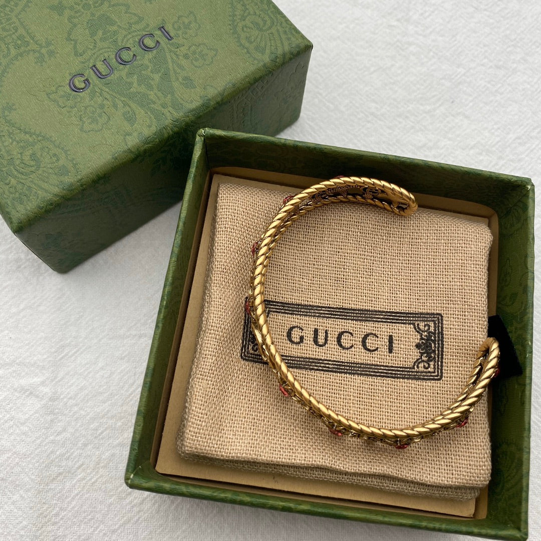 18K Double Gucci Red Crystal Flower Cuff Bracelet