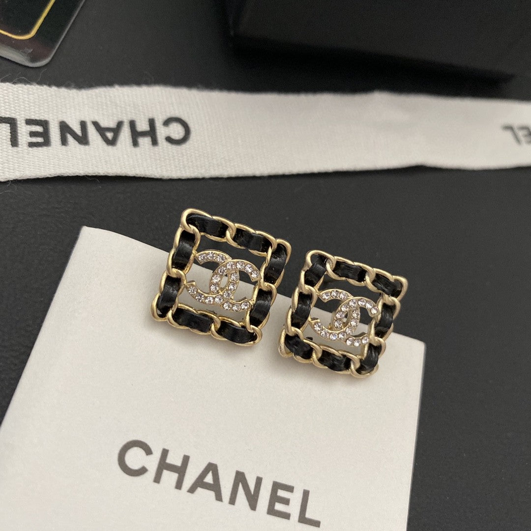 18K  Chanel Square Leather Earrings