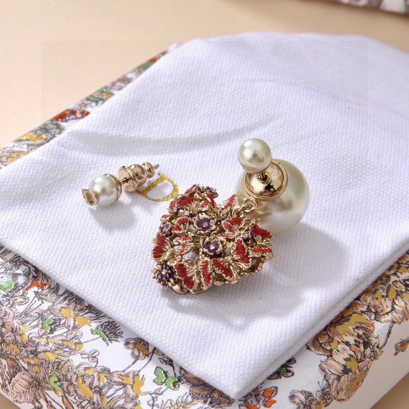 18K Dior Tribales Red Flower Heart Faux Pearl Earrings