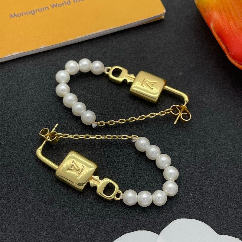 18K Louis Vuitton Pearl Lock Gold Earrings