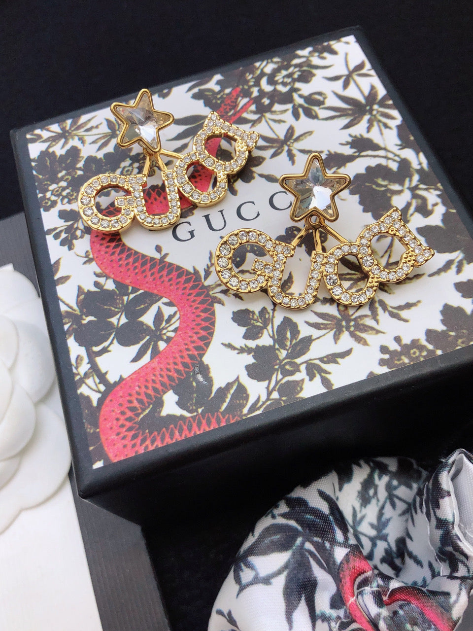 18K Double Gucci Script Star Earrings