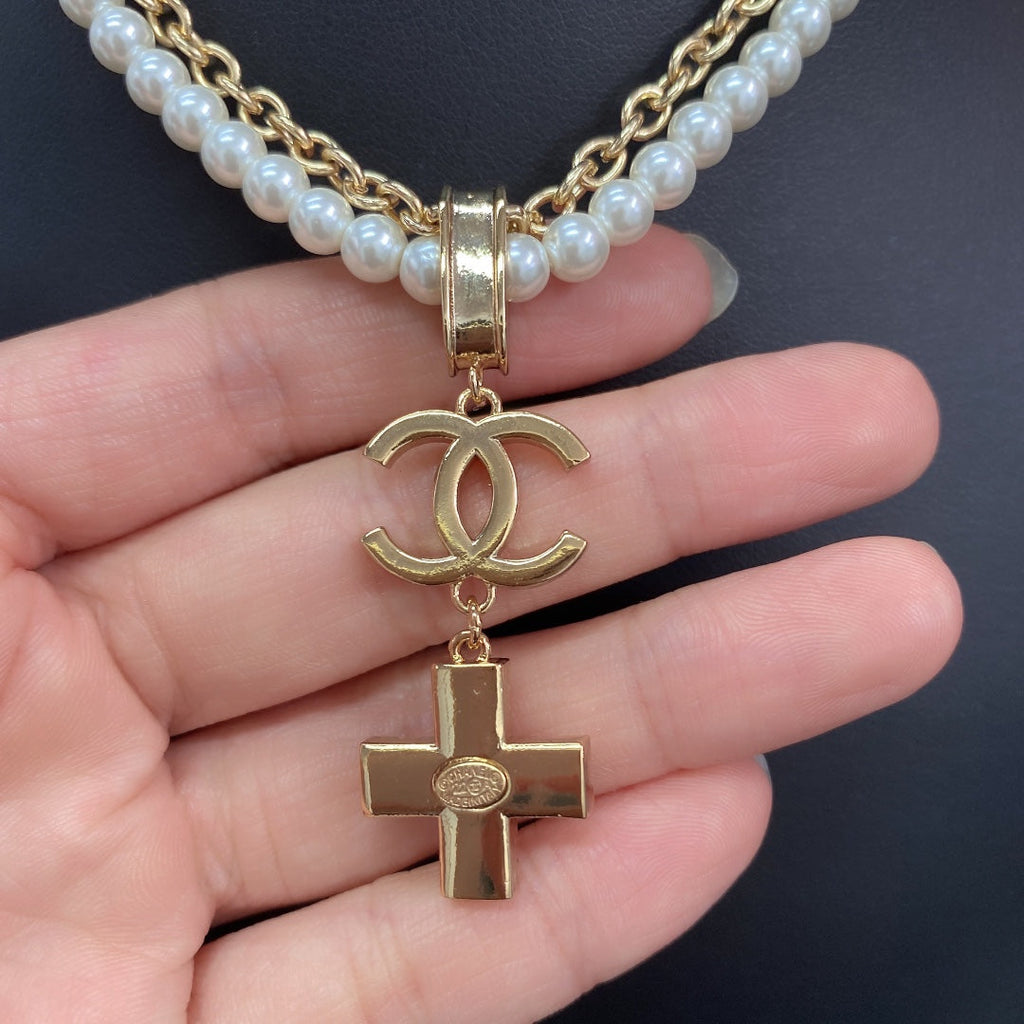 18K  Chanel Cross Diamond Pearl Chain Necklace
