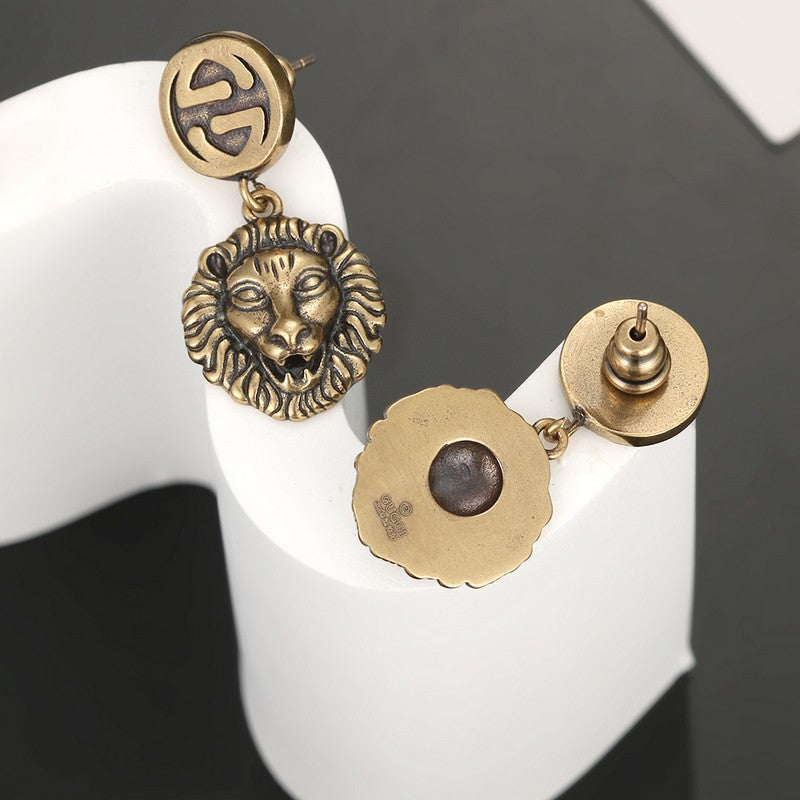 18K Double Gucci Lion Pendant Earrings
