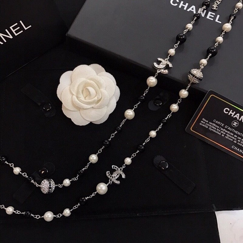 18K  Chanel Long Black Pearl Necklace