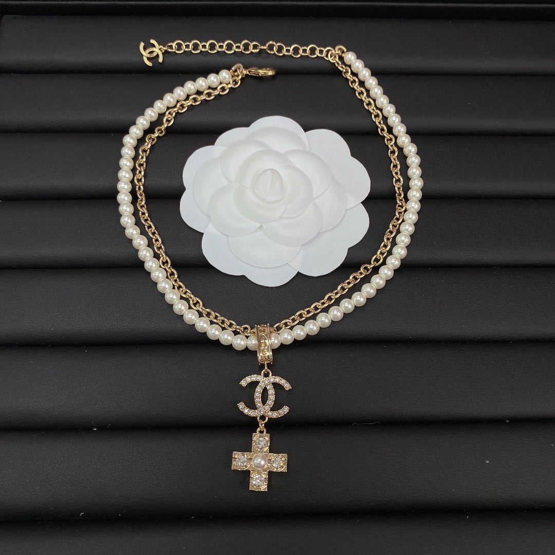 18K  Chanel Cross Diamond Pearl Chain Necklace