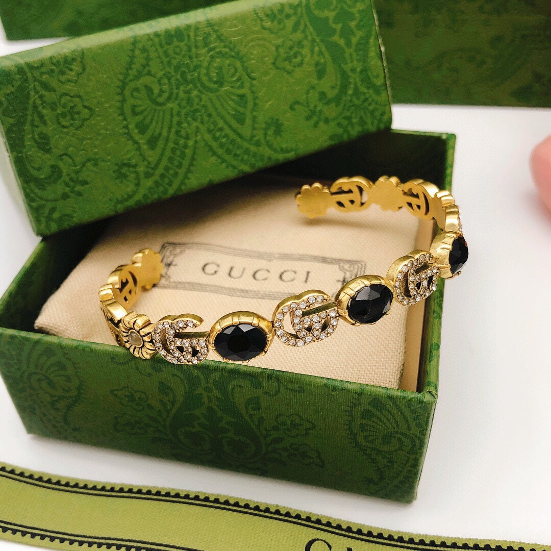 18K Double Gucci Flowers Black Crystals Open Cuff Bracelet