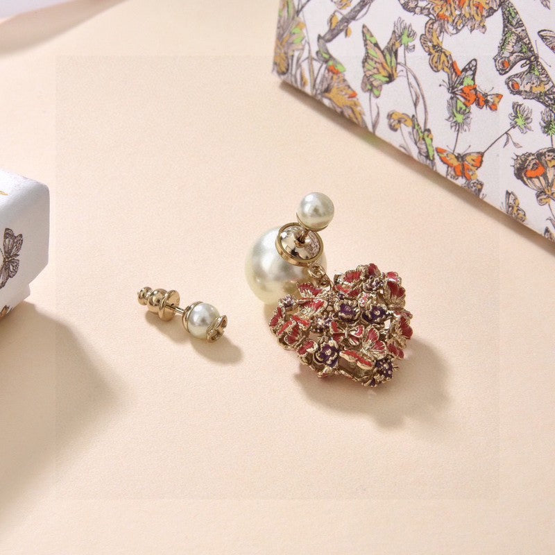 18K Dior Tribales Red Flower Heart Faux Pearl Earrings