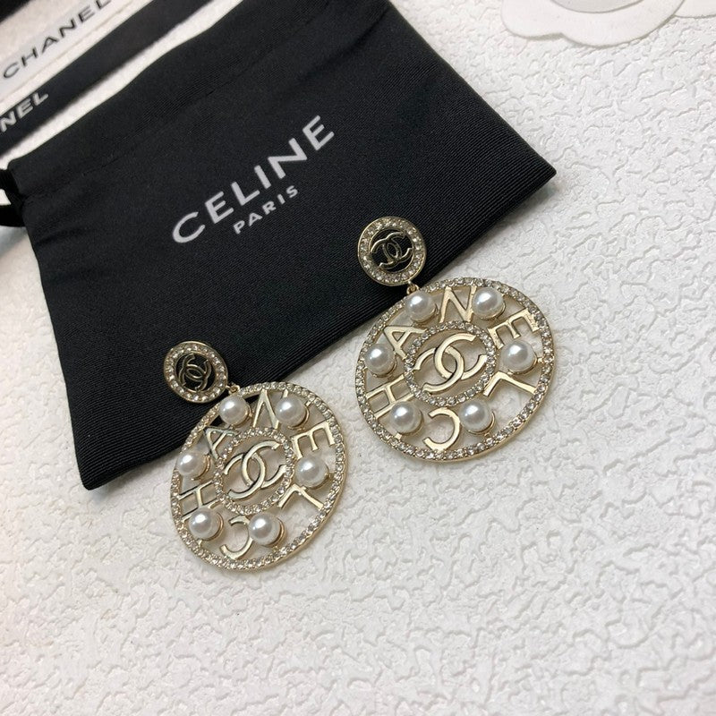 18K  Chanel Circle Pearl Pendant Earrings