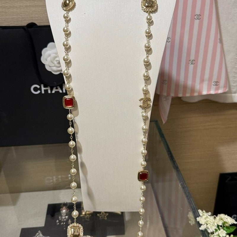 18K  Chanel Long Pearl Red Crystals Necklace