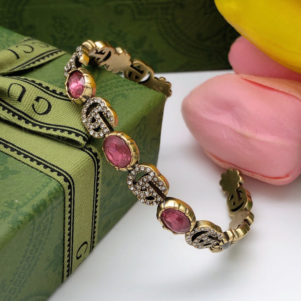 18K Double Gucci Red Crystals Open Cuff Bracelet