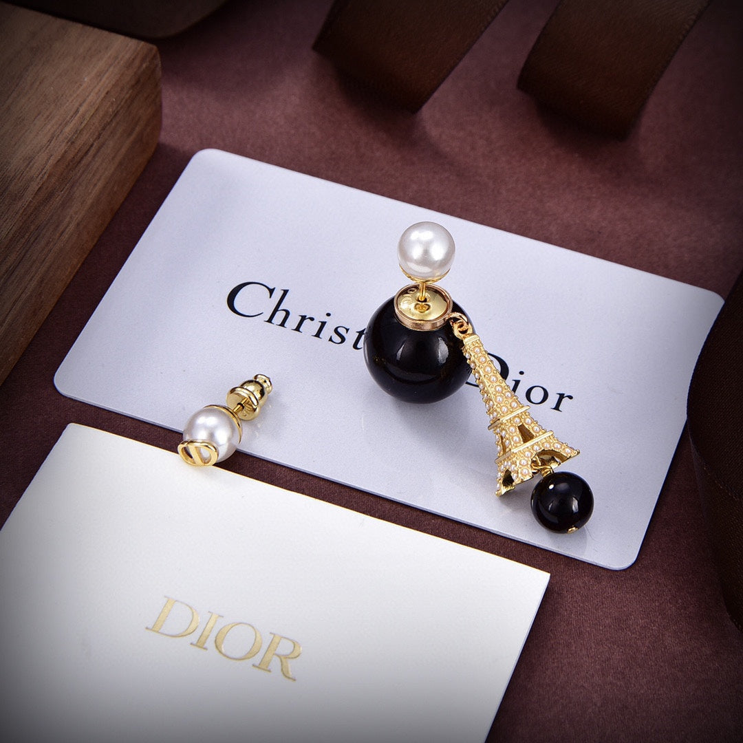 18K Dior Tribales Eiffel Tower Charm Black Pearls Earrings