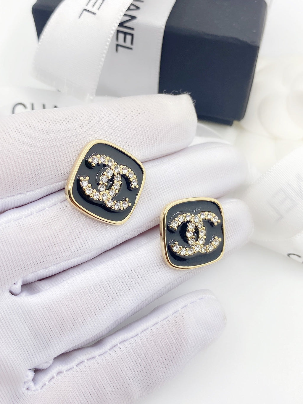 18K  Chanel Square Resin Diamond Earrings