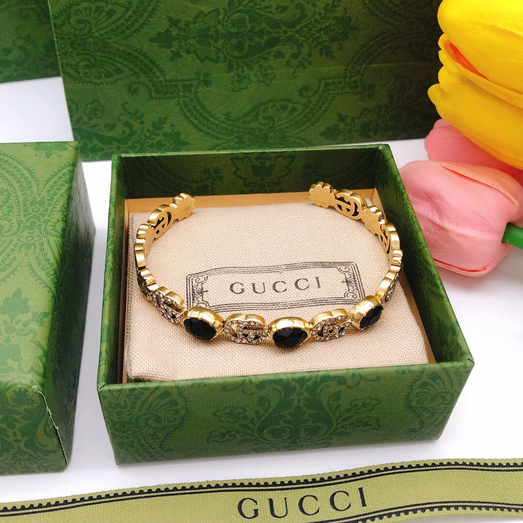 18K Double Gucci Flowers Black Crystals Open Cuff Bracelet