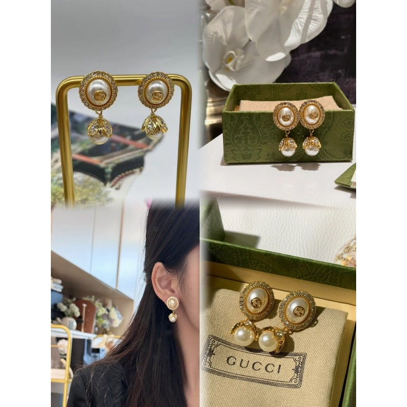 18K Double Gucci Flower Pearl Earrings