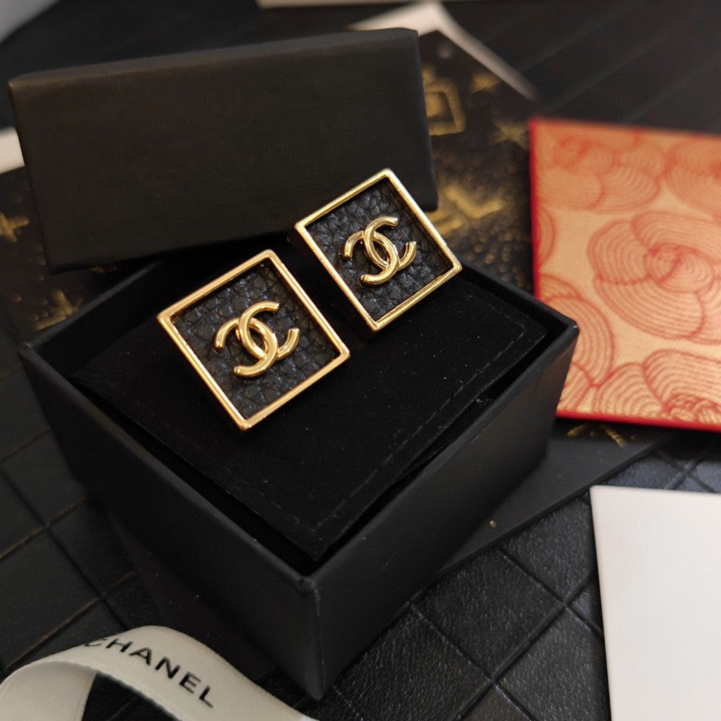 18K  Chanel Black Square Earrings