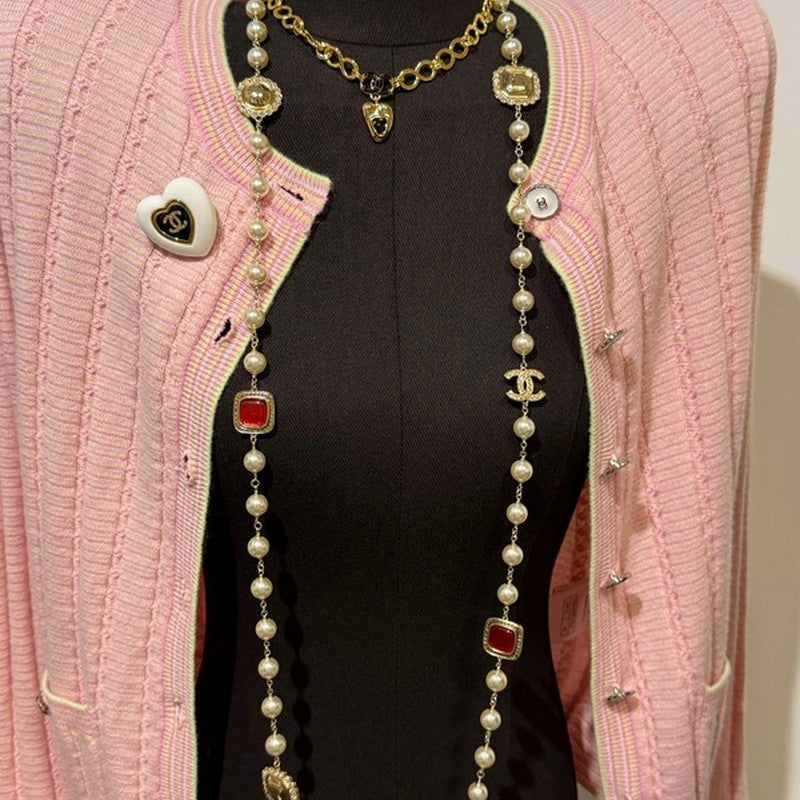 18K  Chanel Long Pearl Red Crystals Necklace