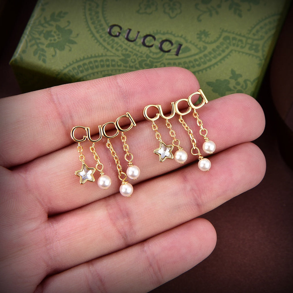 18K Double Gucci Script Pearl Earrings